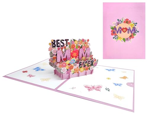 Bighan Pop Up Happy Mother's Day Card, 3D Mother's Day BEST MOM EVER Pop Up Greeting Boxed Cards Anniversary Pop Up Cards for Women, C