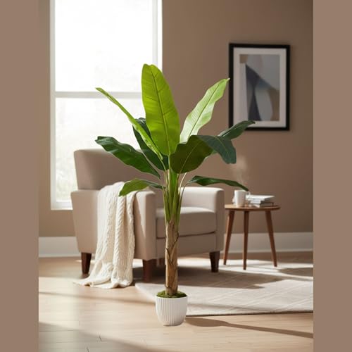 Image of Kayra Decor Artificial Banana Plant 5 Feet with Pot | Big Size Artificial Plants for Home Decor | Indoor Fake Tree for Living Room, Balcony, Office | Bird of Paradise Lifelike Plant with Pot