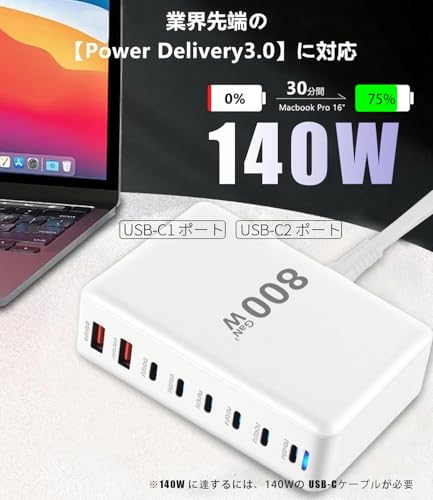 undefined 800W 充電器 【 GaNFastⅢ 10ポート 2*単口140W 1.5m電源ケーブル】 PD3.0対応【PSE技術基準適合】 10ポート 2*140W常時対応 8USB-C&2USB-A GaNFastⅢ(窒化ガリウム) 複数ノートPCに急速充電対応 MacBook Pro PD対応 iPad/iPhone/Android/その他 (ホワイト-800W) の商品画像 2