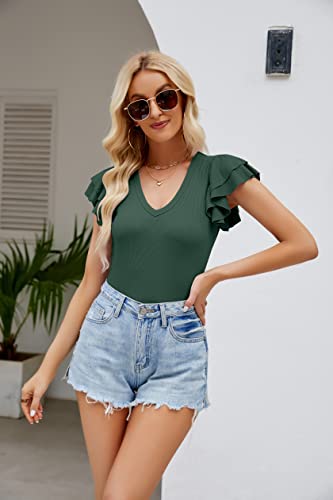 Binovisor Women Short Ruffle Sleeve Thong Shapewear Bodysuit Summer V Neck Ribbed Slimming Leotards Casual Shirts Blouse,Grey Green,Xl #TOP2