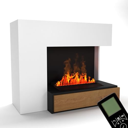 GLOW FIRE Wasserdampf Kamin PLANCK rechts (Standkamin) - Elektrokamin mit realistischen LED 3D-Flammen, Knistereffekt & Fernbedienung, 111x90 cm - Opti-Myst 500 Elektro Kamin, Weiß