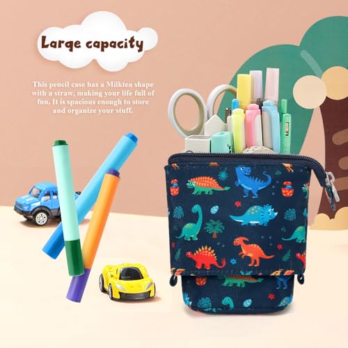 Image of KPX Cute Standing Pencil Case Pen Holder for Kids, Pop Up Stand UP Bubble Tea Pen Organizer Kawaii Stationary for Christmas Holiday New Year Office (Dinosaur)