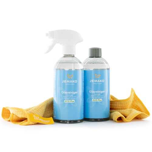 Jemako Glas-Reiniger ECO Plus 1l inkl. Profituch 35x40 cm, Schaumpumpe und Wäschenetz