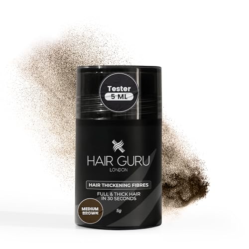 Hair Guru London Hair Fibres - 5g Bottle - Instant Thickening Cotton Hair Fibres - Covers Bald Spots and Thinning Hair - Waterproof Hair Powder Concealer - Unisex - Medium Brown