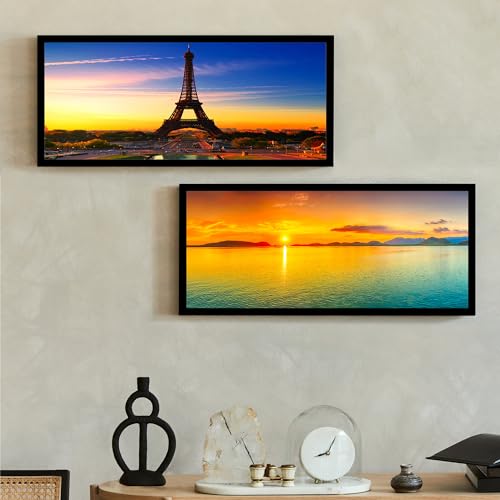 Image of PAINTINGMANTRA Modern City of Love Eiffel Tower & Sunset Poster Framed Art Print For Living Room, Decorative Home & Wall Decor - Set Of 2 (Black Frame, 8x18 Inch)