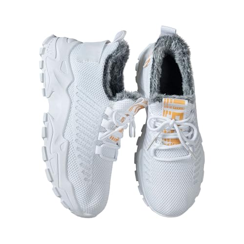 Damen-Sneaker, Winterschuhe mit Plüschfutter, Schnürsenkel, Laufschuhe, dicke Sohle, rutschfest, warm, leicht, Fitness, Sport, lässig, weiß, 42 EU