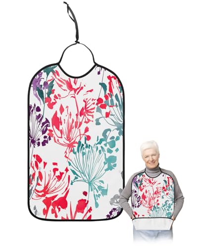 LEOKOTI Teal Pink Purple Flowers Adult Bibs for Eating, Waterproof Bibs with Food Catcher & Snap Closure, Watercolor Spring Floral Botanical Washable Clothing Protectors Adult Bibs for Elderly