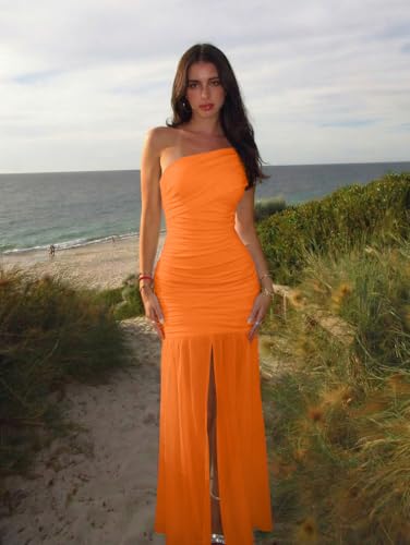 Image of LAGSHIAN Women's Elegant Formal Long Dress One Shoulder Sleeveless Ruched Bodycon Evening Dress