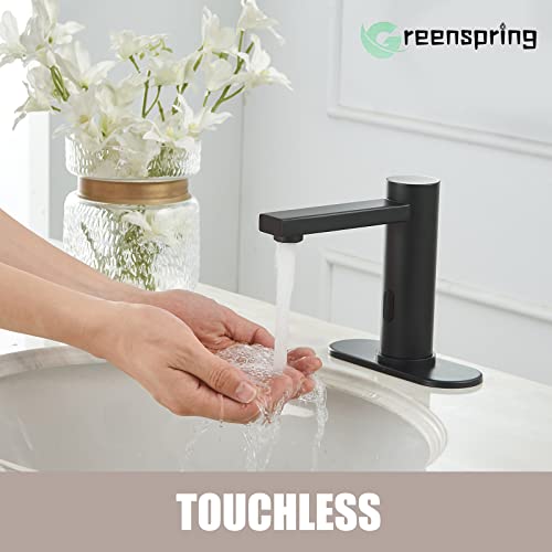 Greenspring Touchless Bathroom Faucet Matte Black Automatic Sensor Battery Powered Single Hole Deck Mount Commercial Sink Basin Tap With Cover Plate, Control Box And Temperature Mixer #TOP3