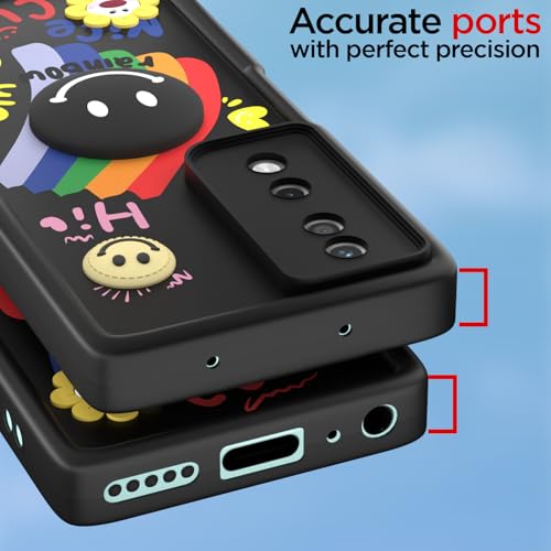 Image of Pikkme Back Cover for Honor X7B 5G | Soft Silicone| Cute Rainbow Smile & 3D Cartoon Flower Design | Shockproof Raised Camera Protection Bumper Case (Black)