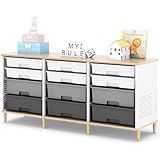12 Drawers Storage Cabinet with Wooden Top and Plastic Bins, Toy Storage Organizer Toy Shelf Storage Chest Cubby Organizer for Home, Office, Playroom, Classroom & Craft Room Storage (Gradient Grey)