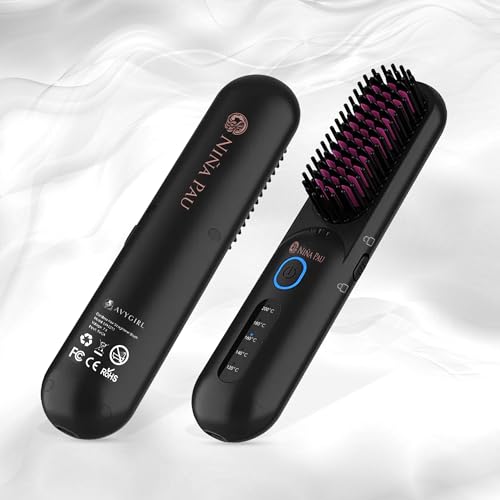 Portable Cordless Mini Straightening Heat Brush, Niña PAU by AvyGirl, Negative Ion Hot Comb Hair Straightener, Lightweight Travel, USB C Rechargeable, Locking, Smart Electronics, Many Temp Settings