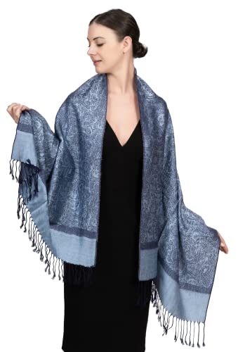 Achillea Two Tone Vintage Jacquard Paisley Pashmina Shawl Wrap Scarf (Steel Blue) #TOP7