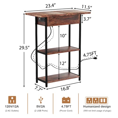 R Ruisheng End Table With Charging Station, Flip Top Side Table With Usb Ports And Outlets, Tall Narrow Nightstand Bedside Table Wooden Storage Shelves For Bedroom, Office 29.5''H #TOP2