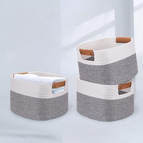 Woven Cotton Rope Storage Basket with Detachable Leather Handles for bathroom Storage, Toy Storage Basket Nursery Storage Box Book Magzine Storage (Grey+White)