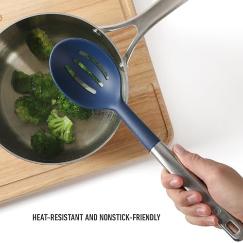 Image of Calphalon Prime Slotted Spoon Skimmer, Stainless Steel Slotted Spoon, Straining Spoon with Navy Silicone Head, Heat-Resistant Nonstick-Safe Kitchen Tool