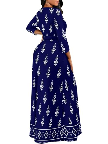 Image of Women Plus Size Long Sleeve V Neck Maxi Dress with Belt | Soft fabric relaxed fit three quarter sleeve v neck with pockets for party and daily wear