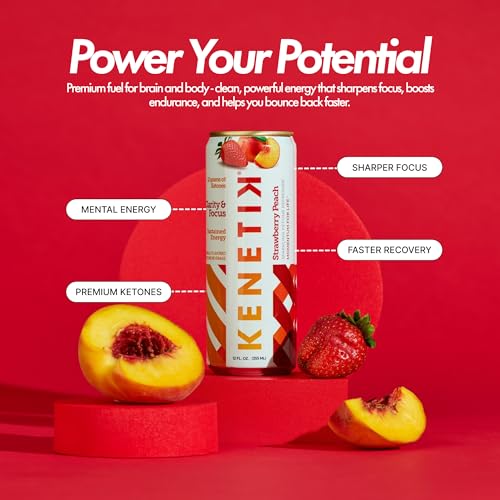 KENETIK Nootropic Ketone Drink, Ketones for Energy & Focus, Caffeine & Sugar Free, High Performance D-BHB Ketone Mix, Fuel w/Zero Crash or Jitters, Ready to Drink - Strawberry Peach 12 Pk