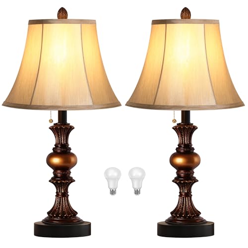 Traditional Table Lamp Set of 2, Classic Bedside Lamps Nightstand Lamps with 3-Color Temperature LED Bulbs, Vintage Bronze Desk Lamps with Faux Silk Shade for Living Room Bedroom, Pull Chain Switch