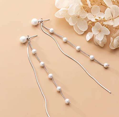 Sluynz 925 Sterling Silver Pearl Dangle Earrings Chain For Women Teen Girls Elegant Pearl Tassel Earrings Long Earrings (Pearl Dangle Earrings) #TOP1