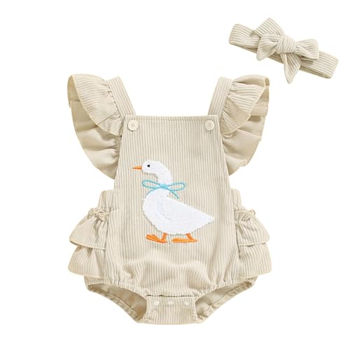 Newborn Western Clothes Chicken/Goose/Duck Print Romper Ruffle Sleeveless Bodysuit with Headband Baby Farm Outfit (Goose Embroidery, 6-12 Months)