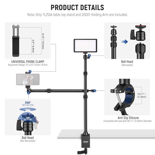 Image of NEEWER Desk Stand with 2 Telescopic Boom Arms Phone Holder for Mic Camera Webcam Ring Light, Desktop Overhead Microphone Mount with C Clamp, Ball Heads, Screw Adapter, Cleaning Cloth, TL253A+DS001