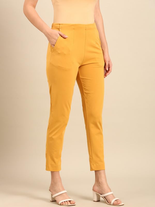 Image of De Moza Women Pencil Fit Cigarette Pant | 95% Cotton 5% Elastane | Mid Rise | 2 Pockets | Casual & Office Wear