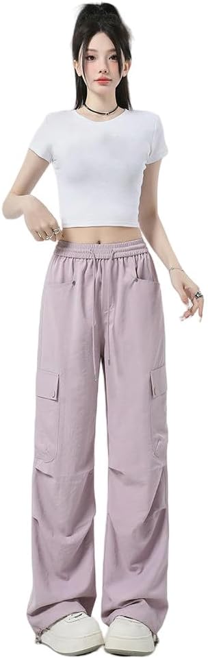 JYHBHMZG Women's Summer Lightweight Loose Fit High Waist Casual Wide Leg Hiking Cargo Pants Elastic Waist