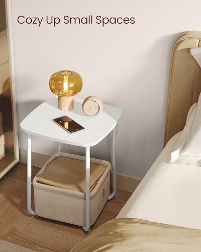 Image of VASAGLE LILEA Collection - Side End Table with Fabric Basket, Modern Nightstand, Square Bedside Table, for Living Room, Bedroom, Matte White and Camel Brown ULET229W10