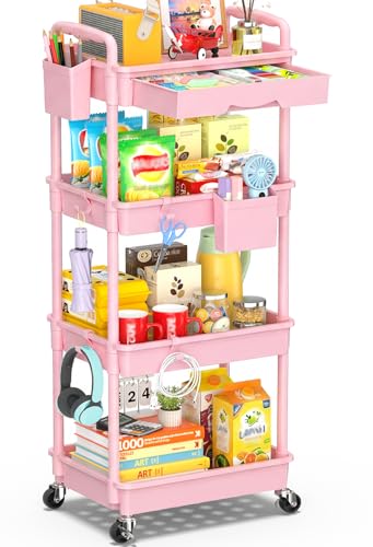 Image of SUNALLY 4 Tier Rolling Utility Cart with Drawer, Storage Organizer Cart with 2 Lockable Wheels, Multifunctional Rolling Storage Cart for Bathroom, Kitchen, Craft, Makeup, Baby Essentials, Pink