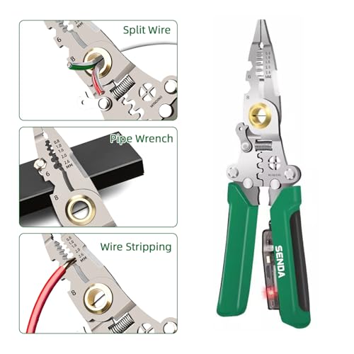 Image of 12 in 1 Foldable Wire Stripper with Electricity Measurement Function, Multifunctional Professional Electrician's Pliers, Cable stripping pliers for cutting (Green, Wire Stripper (Centre Split) 8 inch)