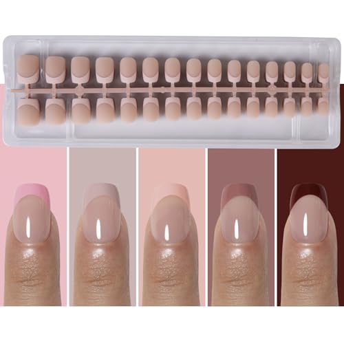 French Tip Press on Nails Short Square, Skin Tones Soft Gel Fake ...