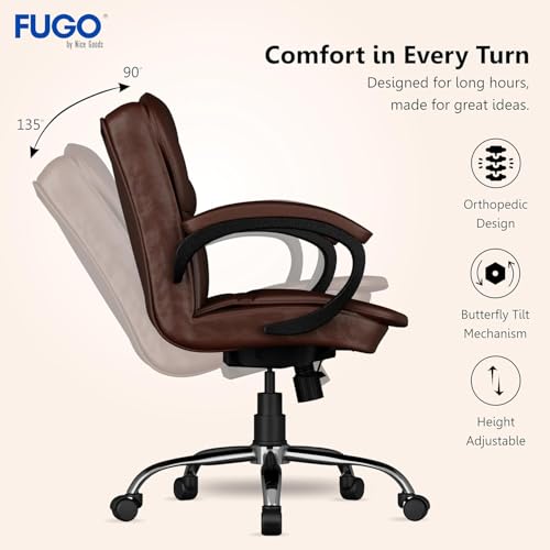 Image of FUGO FG233 Ergonomic Medium Back Office Chair with 3-Year Warranty, Adjustable Height, Cushioned Back&Seat, Tilting Mechanism, Heavy-Duty Metal Base, Dual Nylon Casters-Ideal for Work,Study (Brown)