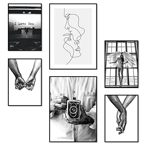 AllBlue Premium Vintage Black and White Posters Prints Set 6 Hand in Hand Love Wall Pictures for Bedroom Minimalist Wall Art (4xA4 & 2xA3 Without Frame)