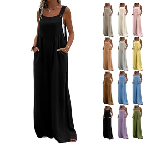 ATALRPOU Black Wide Leg Jumpsuits for Women with Pockets Long Pant Romper Plus Size Sleeveless Overalls Boho Clothing Vacation Outfits for Women Overoles para Mujer