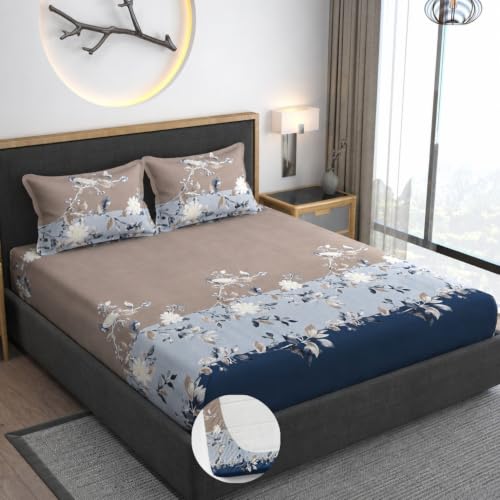 Image of Vaini Premium Heavy Cotton Elastic Fitted Bedsheets with 2 King Size Pillow Covers || Double Bed with All Around Elastic 350 (Blue Tricolor, 72x72 Inch King Fitted)