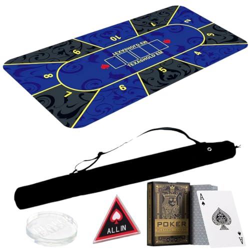 【５点セット】60×120㎝ ポーカーマット ポーカーセット ALL IN DEALER トランプ 収容ケース (BLUE)