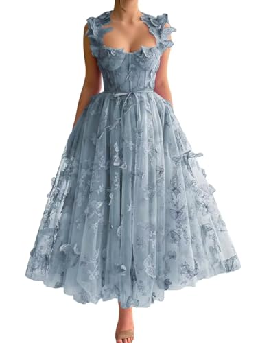 Tulle 3D Butterfly Dress Prom Dresses for Women Spaghetti Straps Sweetheart Formal Evening Party Gowns Tea Length