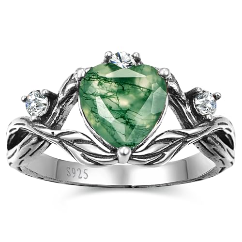 Silver Ring for Women Heart Cut Emerald/Moss Agate/Red Ruby Engagement Wedding Band Birthstone Jewelry Ring Gift for Love Mother Wife Bride Size 5-92