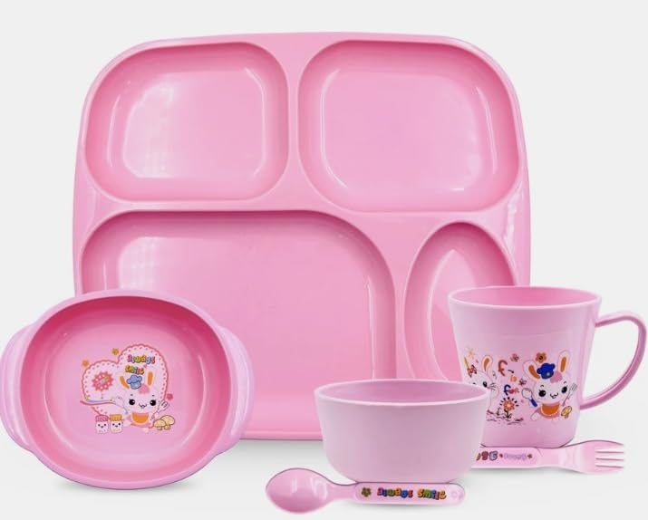 Kids Magic Feeding Dinner Set – 6Pieces | Pink Lightweight Kids Mealtime Set with Bowl, Cup, Plate, Spoon & Fork | Cute Cartoon Design | BPA-Free, Safe & Durable Feeding Set for Toddlers & Babies-image-8