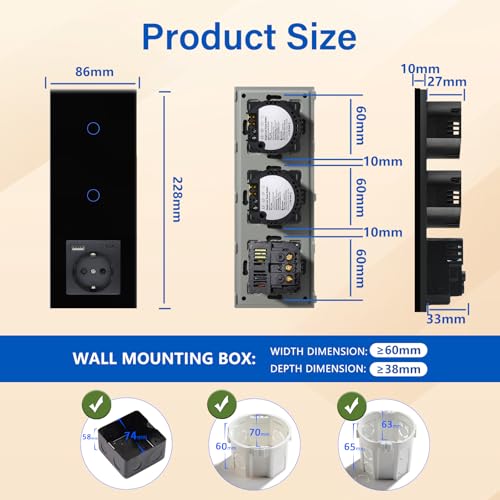 BSEED Touch Lichtschalter mit Steckdosen doppelte 1 Fach 1 Weg Wandschalter mit einer USB Steckdose Anschluss (Max. 2.1A) Typ C Port Unterputz Touchscreen-schalter mit Glasrahmen 228mm Schwarz