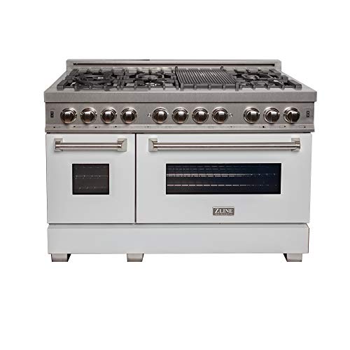 ZLINE 48 in. 6.0 cu. ft. Legacy Dual Fuel Range with 7 Burner Gas Cooktop and 2 Electric Ovens in Satin Stainless Steel and White Matte Doors (RAS-WM-48)