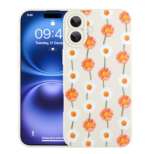 Image of Designed for iPhone 16 Plus Case, Cute Daisy Flower Floral Pattern Design, Slim Soft TPU Liquid Silicone Protective Cover for Women Girls - White