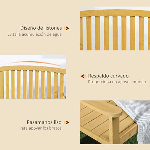 Outsunny Banco de Madera de 2 Plazas con Reposabrazos y Respaldo para Exterior Patio Terraza 143x51x85 cm Natural - imagen 6
