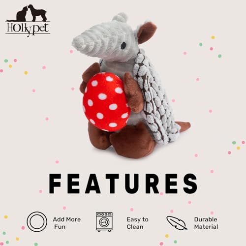 Image of Hollypet Plush Dog Squeaky Toy Stuffed Armadillo Animal Pet Puppy Chew Toys with Clean Teeth for Small Medium Large All Breed Sizes Dogs, Gray, 8 in, Red Eggs with White Dots