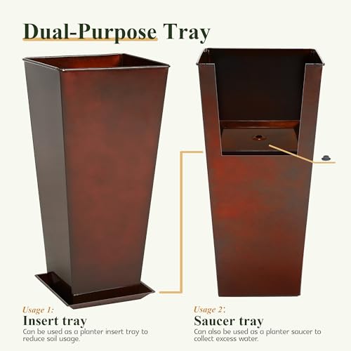Worth-Garden-Large-Metal-Glazed-Planter-Set-of-2-25-28-Luxurious-Glossy-Finish-Red-Tall-Square-Tapered-Steel-Plant-Pot-Decor-Flower-Pot-Indoor-Outdoor-Drainage-Hole-Dual-Purpose-Saucer Worth Garden Large Metal Glazed Planter Set of 2 25 28 Luxurious Glossy Finish Red Tall Square Tapered Steel Plant Pot Decor Flower Pot Indoor Outdoor Drainage Hole Dual Purpose Saucer