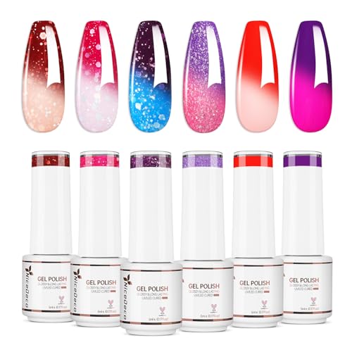 Nicedeco Juego de Esmalte de Uñas en Gel Que Cambia de Color, UV/LED Soak-Off Gel Polish Nail Art Manicure Pedicura Design para Salon Home DIY Vegano 6pcs x 5ML - SET51