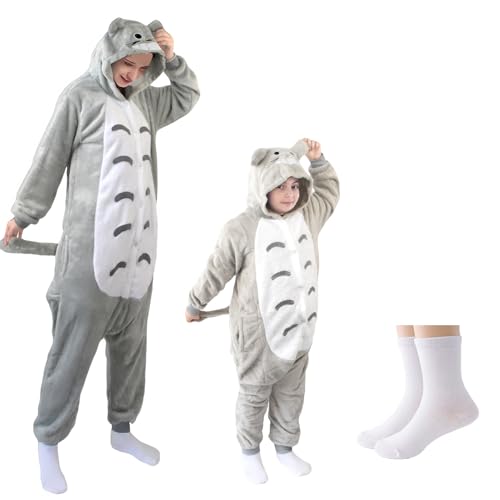 Totoro Costume Adult, Unisex Adult Onesie Pajamas Halloween Christmas Flannel Cartoon Cosplay Pajamas Grey XL