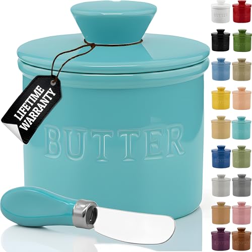 PriorityChef Butter Crock with Lid with Water Line, Ceramic French Butter Dish to Leave On Counter, Cool Green