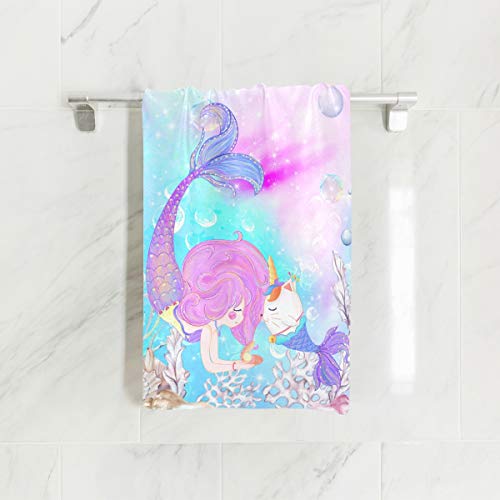 Zoeo Mermaid Hand Towel Blue Pink Unicorn Cat Fish Dish Towels Cotton Face Towel Bath Decor Set For Girls 30X15 Inch Gym Yoga Towels #TOP1